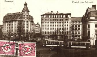 Bucharest, Palatul Liga Culturala / street view with cultural palace, shops, tram. TCV card