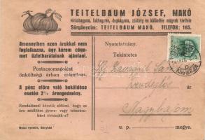 Teitelbaum József makói hagyma kereskedő reklámlapja, hátoldalon árjegyzék / Hungarian onion salesmans advertising card, price list on the backside (fa)