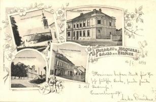 1899 Belovár, Bjelovar; Szerb templom, Zágrábi és Strossmajer utca, bíróság / Serbian church, street views. court. Art Nouveau, floral (kis szakadás / small tear)