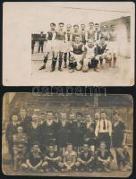 cca 1920-1930 A pesterzsébeti focicsapat, 2 db fotó, hátuljukon feliratozva, az egyik hátulján aláírásokkal, 9×14 cm