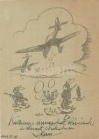 1943 Kellemes Ünnepeket! Tábori postai levelezőlap / WWII Hungarian military field post, Easter greetings with aircrafts and rabbits (EK)
