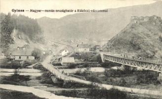 Gyimes, Ghimes; Magyar-román országhatár, Rákóczi várrom, vasúti híd. Adler és fia / Hungarian-Romanian border, castle ruins, railway bridge (kissé ázott / slightly wet damage)