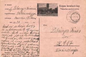 1943 Portómentes levelezőlap a táborba az Orosháza-Gyopárosfürdő villamos vasútállomásának képével / WWII Post-free field postcard to the military camp. Feldpostkarte (EK)
