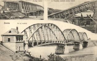 Zenta, Senta; Régi fahíd és új vashíd a Tiszába omlott híddal. Fekete Sándor / bridges, damaged bridge