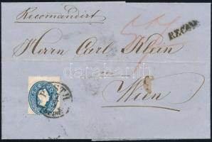Registered cover with mixed franking: 1861 15kr + 1858 10kr ,,PESTH Abends
