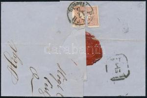 1861 Ajánlott levél vegyes bérmentesítéssel: 1861 15kr + (a hátoldalon) kettévágott 1858 10kr ,,PEST...