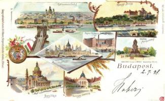 1898 Budapest, Bazilika, Parlament, Pesti Viktória gőzmalom, Királyi vár, Deák szobor, Gödöllői kastély. Zászlós és címeres díszes lap. Geographische Postkarte v. Wilhelm Knorr No. 20. Art Nouveau, floral litho (EK)