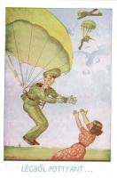 5 db humoros katonai repülős művészlap, Bernáth és Klaudinyi aláírásaival, ejtőernyő, pilóták / 5 Hu...