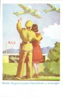 5 db humoros katonai repülős művészlap, Bernáth és Klaudinyi aláírásaival, ejtőernyő, pilóták / 5 Hu...