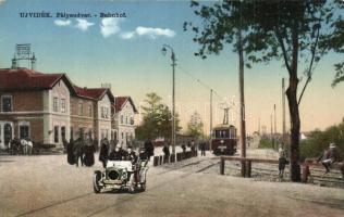 Újvidék, Novi Sad; Vasútállomás, villamos, automobil / Bahnhof / railway station, tram, automobile