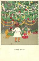 Karácsony. Egy jó kislány viselt dolgai, III. sorozat 1. szám / Hungarian Christmas art postcard s: Kozma Lajos