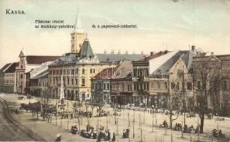 Kassa, Kosice; Fő utca, Andrássy palota, Papnevelő Intézet, piac, árusok, üzletek. Divald K. fia kiadása / main street, palace, seminary, market vendors, shops (kis szakadás / small tear)