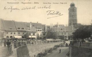 Nagyszeben, Hermannstadt, Sibiu; Kleiner Ring / Piata mica / Kis piac, árusok, Nádasdy, Friedrich, Leopold Lang üzletei, templom / market, vendors, shops, church (EK)