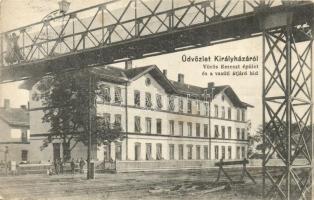 Királyháza, Koroleve; Vöröskereszt épület, vasúti átjáró híd. Winkle L. kiadása / Red Cross buliding, pedestrian railway bridge (EK)