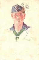 Svéd cserkész; kiadja a Magyar Cserkész Szövetség / Swedish boy scout s: Márton L. + 1933 Gödöllő IV. Jamboree So. Stpl. (felületi sérülés / surface damage)