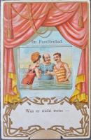 Im Familienbad - Was er nicht weiss / humoros mechanikus lap, fürdőzők / humorous mechanical card. bathing people at the beach (r)
