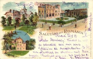 1899 Salutari din Romania; Campina, Bucuresci, Buftapalaturile Printului Stirbey / Bucharest, Buftea, Campina. Storck & Müller litho (EK)