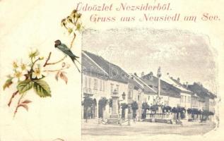 1899 Nezsider, Neusiedl am See; Fő tér. virágos, madaras litho / main square / Hauptplatz. Floral, litho