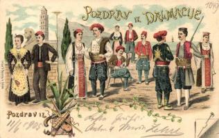 Dalmatia, Pozdrav iz Dalmacije / Greetings, folklore. Morpurgo & Spljeta floral, litho