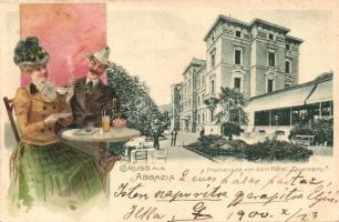 Abbazia, Promenade, Hotel Quarnero. Art Nouveau couple, litho