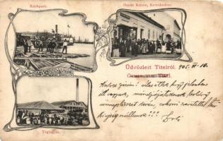 Titel, Gőzhajó állomás, rakpart, Szondi gőzös, Téglagyár, Dusán Krisán üzlete / steamship station, wharf, quay, brick factory, shop. floral Art Nouveau (kopott sarkak / worn corners)