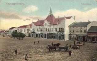 Nagytapolcsány, Topolcany; Városháza, Hartenstein üzlete. Zarkower M. kiadása / town hall, shops, horse-drawn carriages (EK)