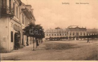 Ipolyság, Sahy; Herz Adolf utódának üzlete, Fő tér a vármegyeházzal / shop, county hall, main square