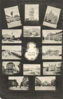 Szeged, mozaiklap: rajta többek között vasútállomás, zsinagóga, víztorony. Grünwald Hermann kiadása (ázott / wet damage)