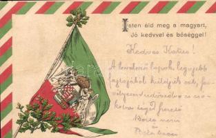 Isten áld meg a magyart... Magyar zászlós és címeres hazafias propagandalap / Hungarian coat of arms and flag, patriotic propaganda card. Emb.