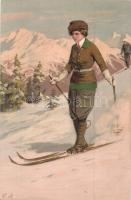 Skiing lady. Meissner & Buch Künstler-Postkarten Serie 1800. Sport im Winter. litho