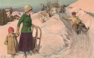 Sledding people. Meissner & Buch Künstler-Postkarten Serie 1800. Sport im Winter. litho