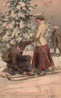 Skiing lady. Meissner & Buch Künstler-Postkarten Serie 1800. Sport im Winter. litho (Rb)