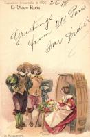 1900 Paris, Exposition Universelle, Le Vieux Paris, La Bouquetiere. Advertisement litho art postcard s: A. Robida (EK)
