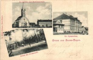 Szászrégen, Reghin; Evangélikus templom, leány iskola és gimnázium, sétány. G. Heiter / church, schools, promenade  (EK)