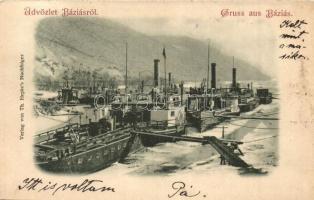 1899 Báziás, gőzhajók a téli kikötőben. Th. Hepke / Winterstand / winter port with steamships