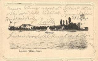 Balatonföldvár, part, csónak, fürdőzők. Dombornyomott szecessziós keret (EK)