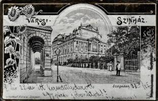 1899 Szeged, Városi Színház. Schulhof Károly kiadása. Szecessziós ezüst fémes képeslap / Art Nouveau, metallic silver art postcard  (EK)