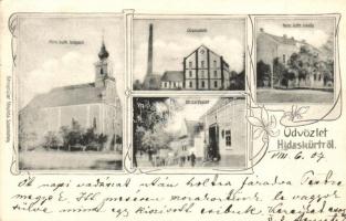 Hidaskürt, Mostová; Római katolikus templom és iskola, gőzmalom, utcakép / church and school, steam mill, street. Art Nouveau (kis szakadás / small tear)