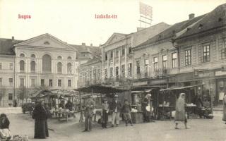 Lugos, Lugoj; Izabella tér, piac árusokkal, sörcsarnok, üzletek. Nemes Kálmán kiadása / square, market with vendors, beer hall, shops