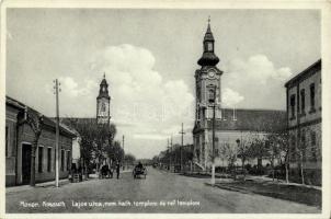Monor, Kossuth Lajos utca, Római katolikus és Református templom, Popper Ernő kiadása