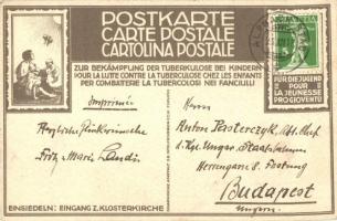 Postkarte zur Bekämpfung der Tuberkulose bei Kindern. Einsiedeln, Eingang z. Klosterkirche / Swiss c...