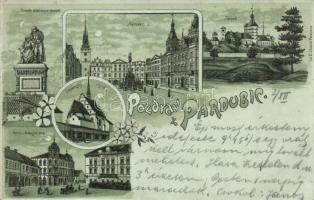 1899 Pardubice, Namesti, Zamek, Dekansky chram, Pomnik bratrancu Veverku, Kralovske tridy / square, castle, monument, street. F. Hoblik Art Nouveau, floral, litho
