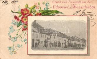 Nezsider, Neusiedl am See; utcakép, virágos litho keret / street view. Floral, litho frame
