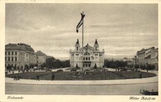 Kolozsvár, Cluj; Hitler Adolf tér, Országzászló, Nemzeti Színház, automobilok / square, Hungarian flag, national theater, automobiles (EK)