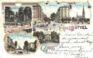 1899 Eimsbüttel (Hamburg), Eppendorferweg, Christuskirche, Park, Lappenbergs Allee, Apostelkirche / streets, churches, park. Art Nouveau, floral, litho