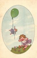 Girl and doll on a balloon. Italian art postcard. Anna & Gasparini 570-1. s: Joel Sorelli