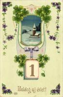Boldog Újévet! / New Year greeting card. floral Art Nouveau litho (EK)