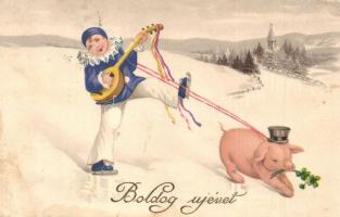 Boldog Újévet! / New Year greeting card. Ice skater clown playing the lyre, pig with clovers. Special B. 7285. litho (fl)
