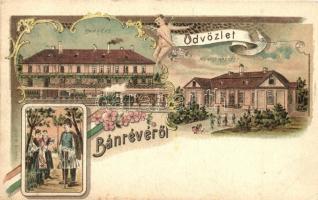 Bánréve, Hámos kastély, vasútállomás gőzmozdonnyal, népviselet, kiadja Grad M. floral, Art Nouveau, litho (EK)