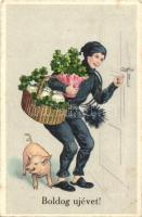Boldog Újévet! / New Year greeting card. Chimney sweeper and pig. 3248. litho
